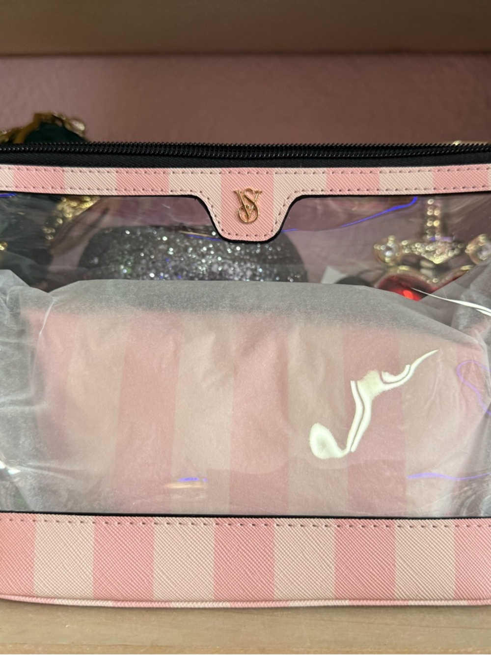 Victoria's Secret Pink & Clear Striped Cosmetic Pouch